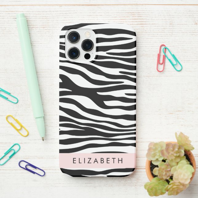Zebra Print, Stripes, Black And White, Your Name iPhone Case (On Desk)
