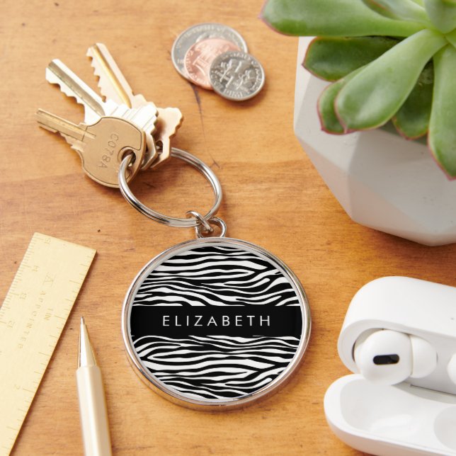 Zebra Print, Stripes, Black And White, Your Name Key Ring (Desk)