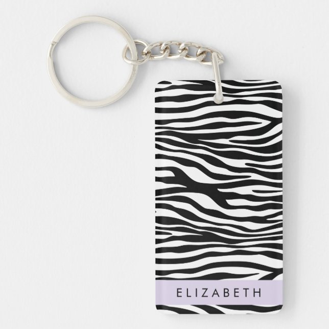 Zebra Print, Stripes, Black And White, Your Name Key Ring (Front)