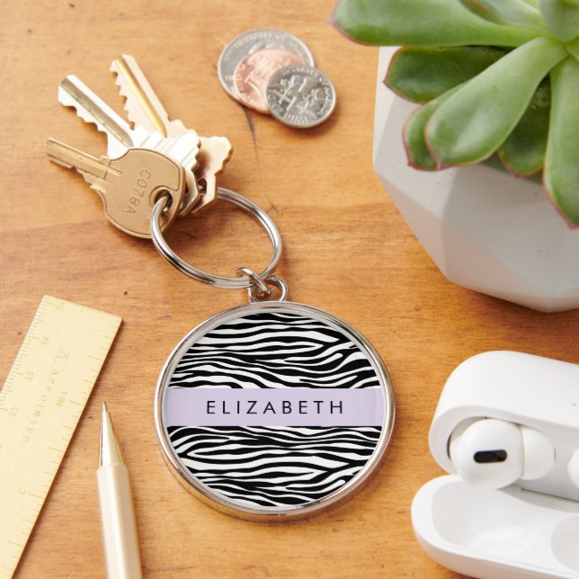 Zebra Print, Stripes, Black And White, Your Name Key Ring (Desk)