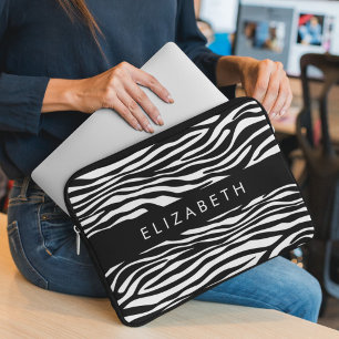 Zebra Print, Stripes, Black And White, Your Name Laptop Sleeve