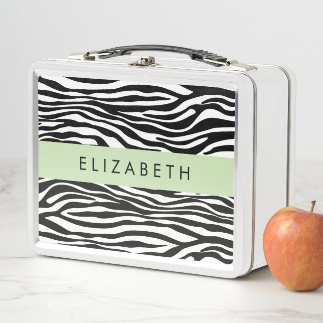 Zebra Print, Stripes, Black And White, Your Name Metal Lunch Box (In Situ)