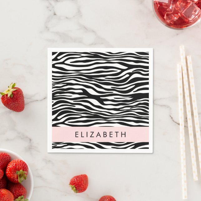 Zebra Print, Stripes, Black And White, Your Name Napkin (Insitu)