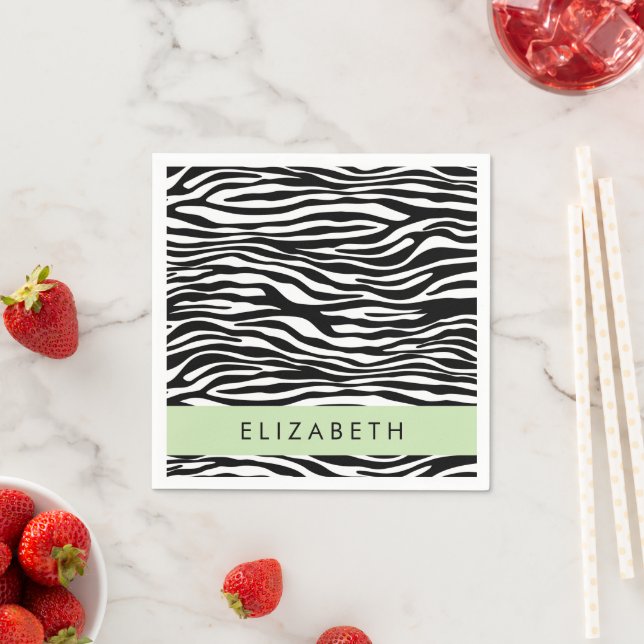 Zebra Print, Stripes, Black And White, Your Name Napkin (Insitu)