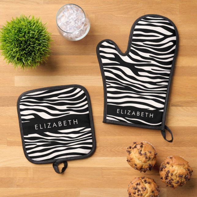 Zebra Print, Stripes, Black And White, Your Name Oven Mitt & Pot Holder Set (Top Down)