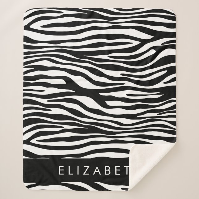 Zebra Print, Stripes, Black And White, Your Name Sherpa Blanket (Front)