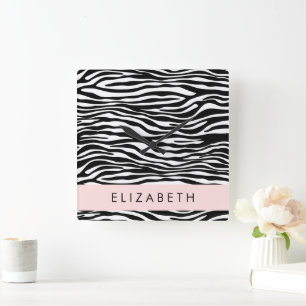 Zebra Print, Stripes, Black And White, Your Name Square Wall Clock