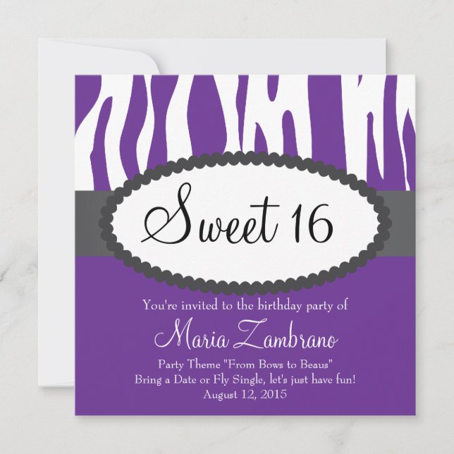 Zebra Print Sweet 16 Birthday Party Invitation (Front)