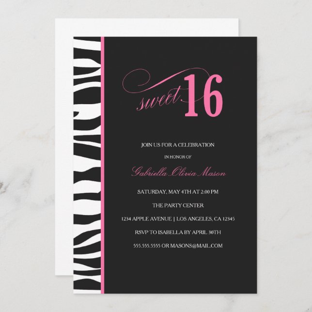 Zebra Print Sweet 16 Party Invitation (Front/Back)