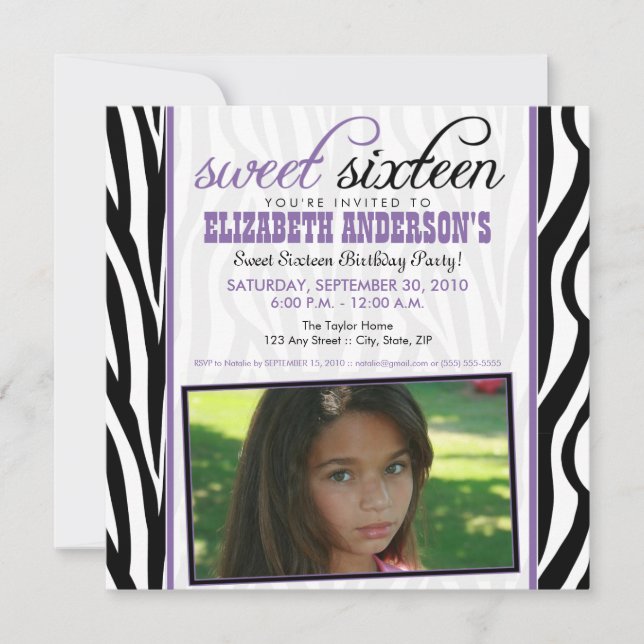 Zebra Print Sweet 16 Party Invitation (purple) (Front)