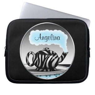 Zebra Print Teapot Aqua Blue Steam Laptop Sleeve