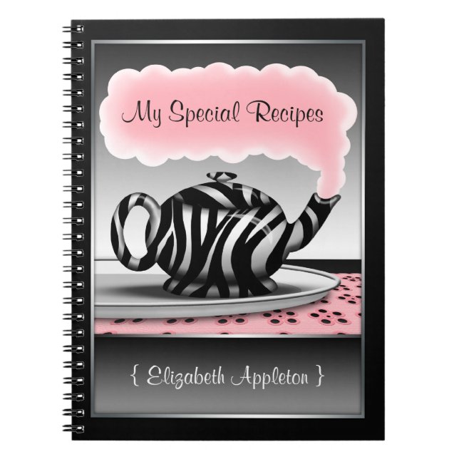 Zebra Print Teapot Pink & Black Recipe Notebook (Front)
