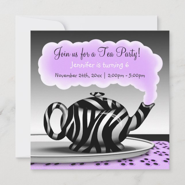 Zebra Print Teapot Tea Party Birthday Invitations (Front)