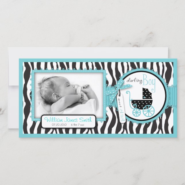 Zebra Print Turquoise Accent Birth Announcement (Front)
