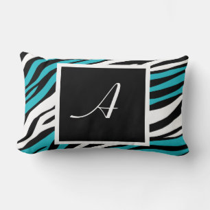 Zebra Print Turquoise Monogram Lumbar Pillow