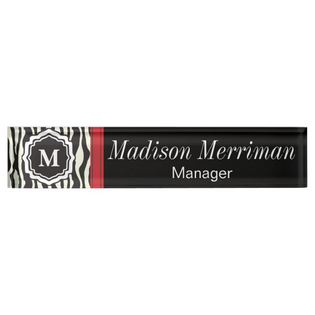 Zebra Print with a Red Bar | DIY Monogram & Text Nameplate (Front)