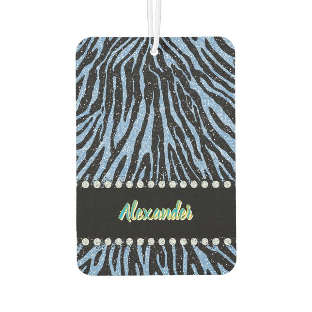 Zebra print with blue and black accents car air freshener (Back)