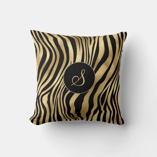Zebra print with gold foil and monogram cushion (Front)