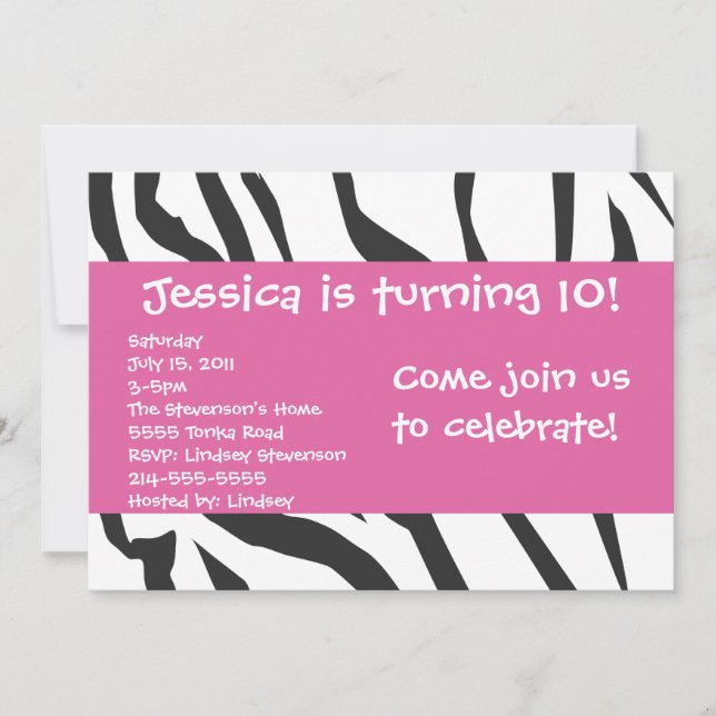 Zebra Print With Pink Birthday Invitation (Front)