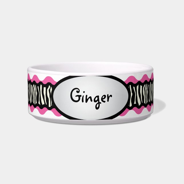 Zebra Print with Pink Cat Pet Bowls (Front)