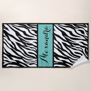 Zebra Print With Teal Monogram Beach Towel