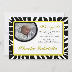 Zebra Print Yellow Birth Announcements