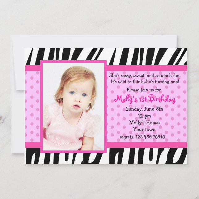 Zebra Prints Hot Pink Photo Birthday Invitations (Front)