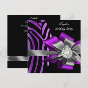 Zebra Purple Black Silver Bow Pearl Birthday 2 Invitation