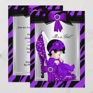Zebra Purple High Heels Baby Shower Brunette Girl Invitation