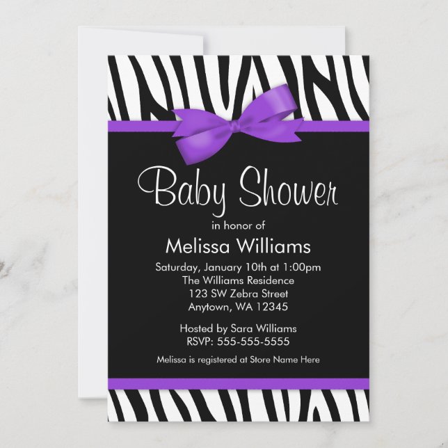 Zebra Purple Printed Bow Baby Shower Invitation (Front)