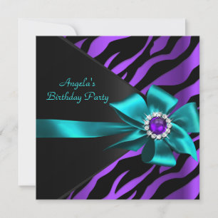 Zebra Purple Teal Birthday Party Blue Black Invitation