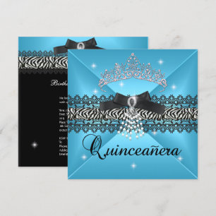Zebra Quinceanera 15th Birthday Party Teal Blue Invitation