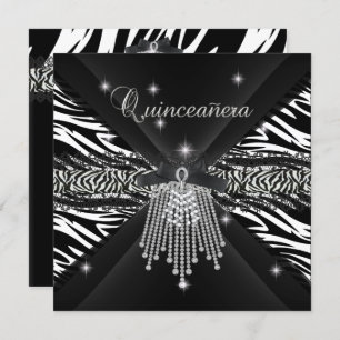 Zebra Quinceanera 15th White Black Zebra Lace 3 Invitation