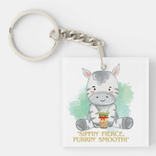 zebra quote cartoon drinking bobba tea key ring