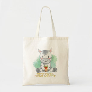 zebra quote cartoon drinking bobba tea tote bag