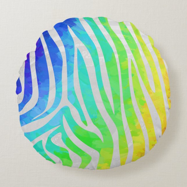 Zebra Rainbow and White Print Round Cushion (Front)