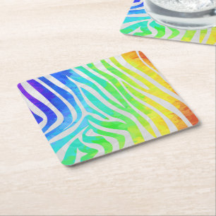 Zebra Rainbow and White Print Square Paper Coaster