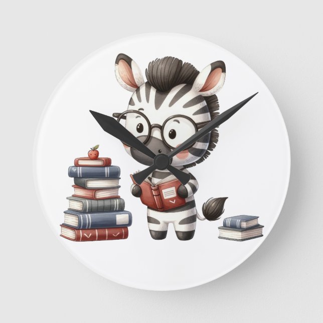 Zebra Reading Books. Round Clock (Front)