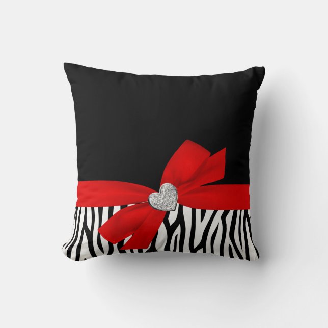 Zebra Red Bow Diamond Heart Cushion (Front)