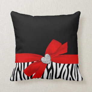 Zebra Red Bow Diamond Heart Cushion