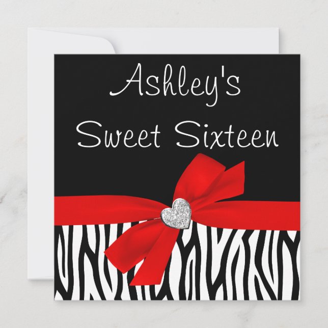 Zebra Red Bow Diamond Sweet 16 Invitations (Front)
