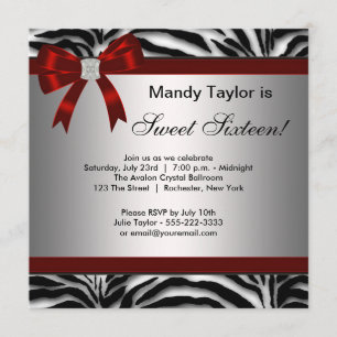 Zebra Red Bow Fancy Sweet Sixteen Invitation
