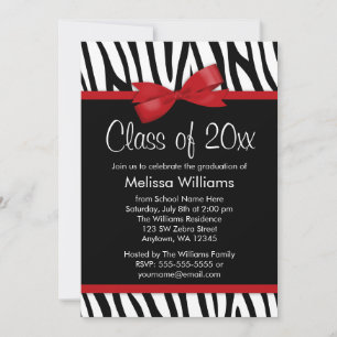 Zebra Red Printed Bow Graduation Party Invitation
