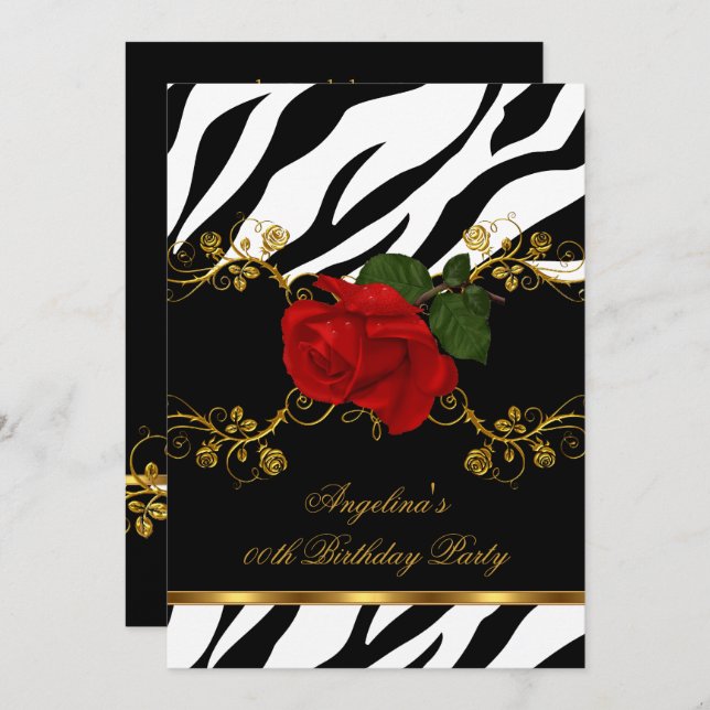Zebra Red Roses Black White Gold Birthday Party Invitation (Front/Back)