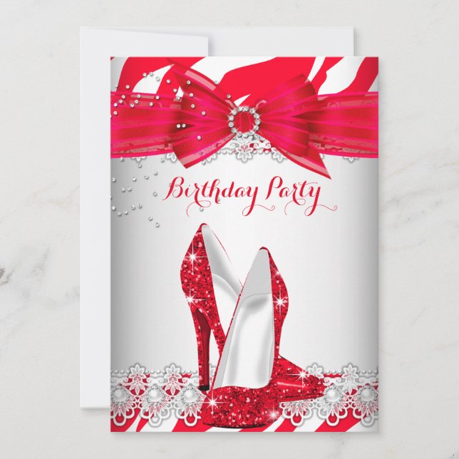 Zebra Red White High Heel Lace Pearl Birthday Invitation (Front)