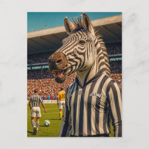 Zebra referee at a soccer game postcard