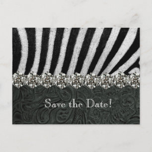 Zebra Rhinestone Black Leather Save the Date Announcement Postcard