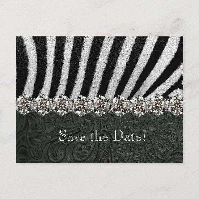 Zebra Rhinestone Black Leather Save the Date Announcement Postcard (Front)
