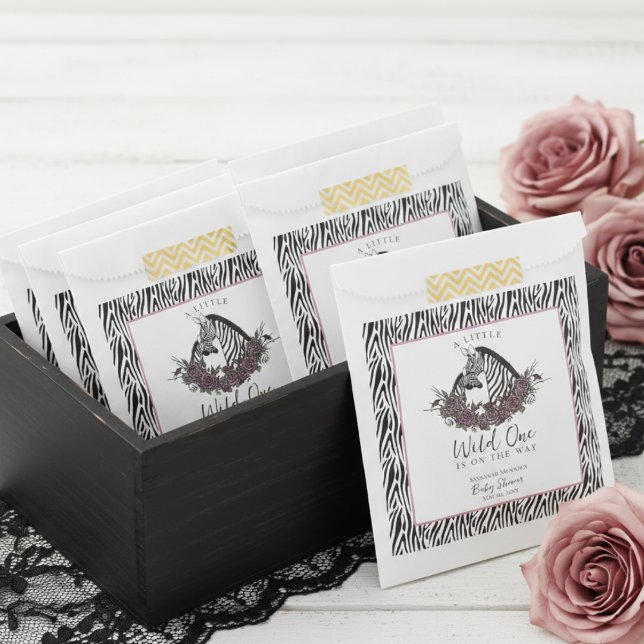 Zebra Safari Baby Shower Little Wild One Party Favour Bag (Cute Jungle Animals Baby Shower Favor Bags with Baby Zebra, Mama Zebra, Zebra Print and Pink Border)