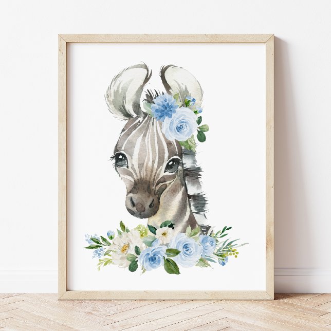 Zebra, Safari, Jungle, Blue Flowers, Boy Nursery Poster (Creator Uploaded)